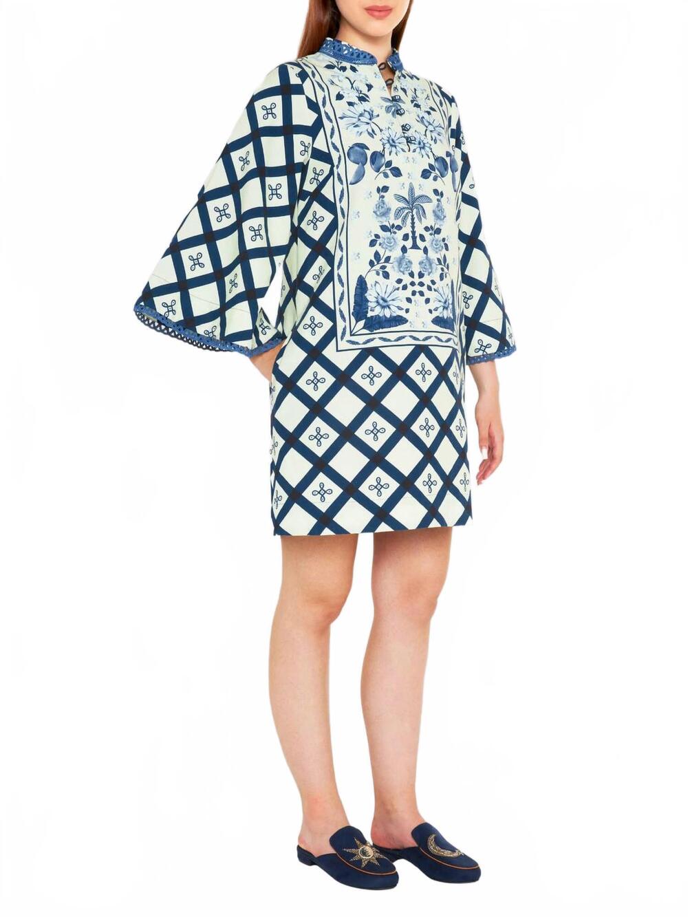 NEW VERANDAH mini kaftan dress in blue /white